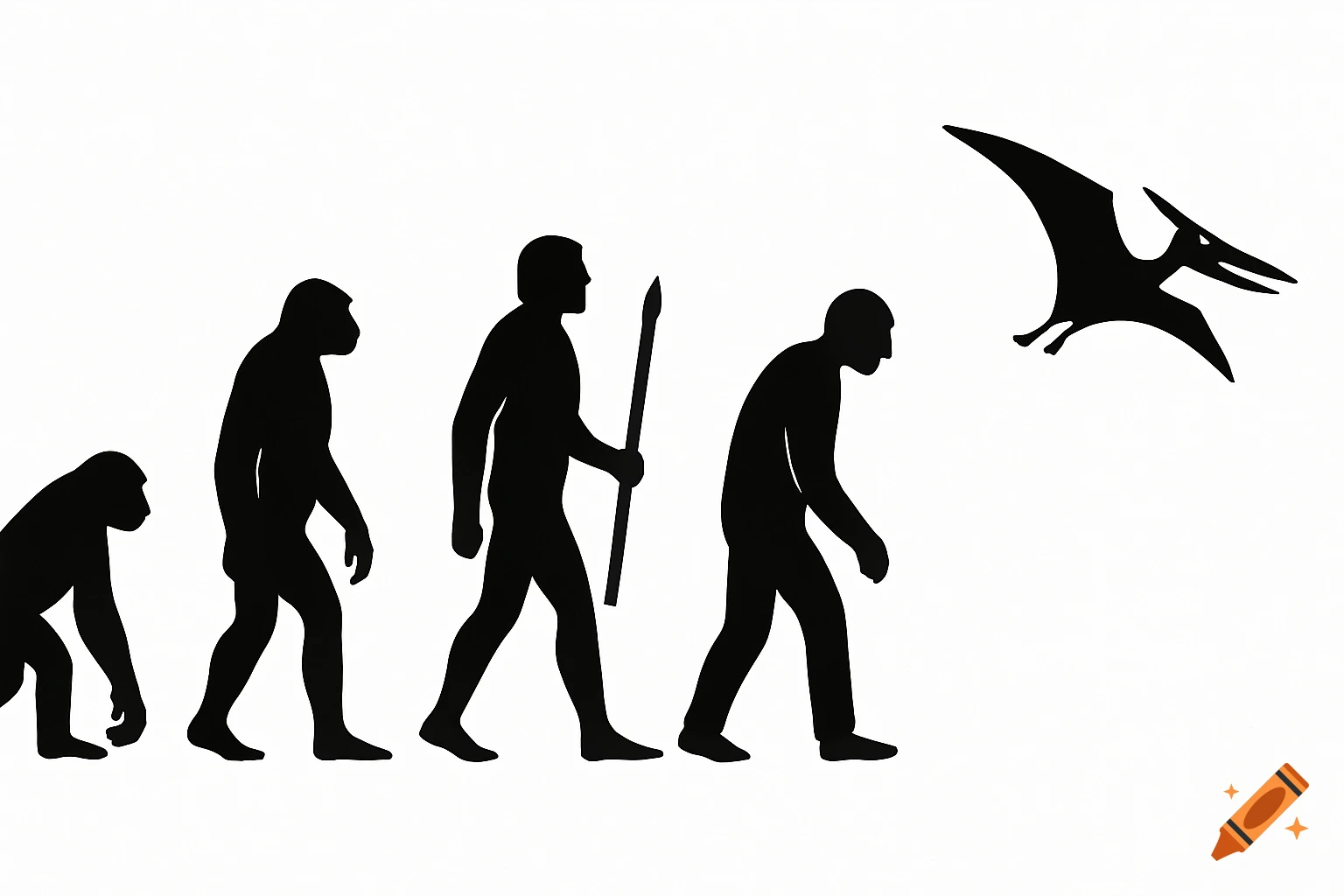 Black silhouettes on a white background showing the evolution from ape to human, comically ending with a flying pterodactyl.
