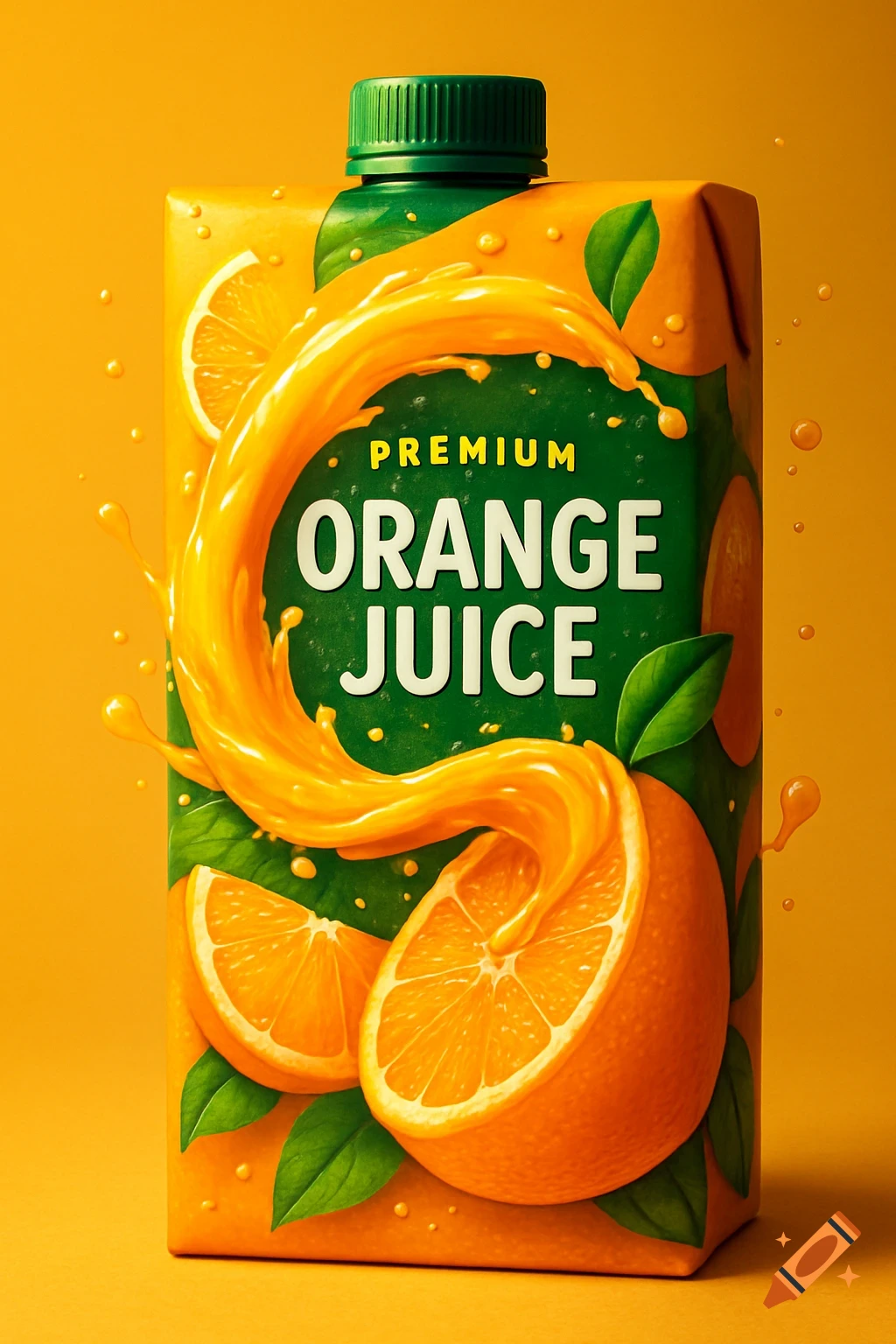 A photorealistic orange juice carton with a green cap, featuring a swirl of juice, orange slices, and leaves on a vibrant orange background.