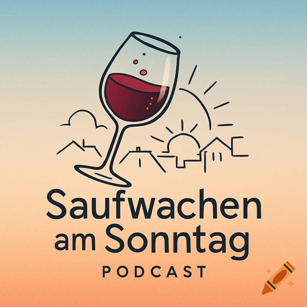 Minimalist logo with a tilted wine glass, mountains, houses, and a rising sun. Text: Saufwachen am Sonntag PODCAST on a gradient background.