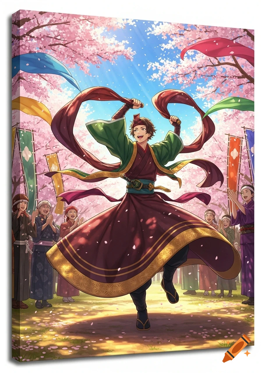 An anime-style man in traditional Japanese attire dances with flowing red ribbons under cherry blossom trees at a vibrant festival, with onlookers cheering.