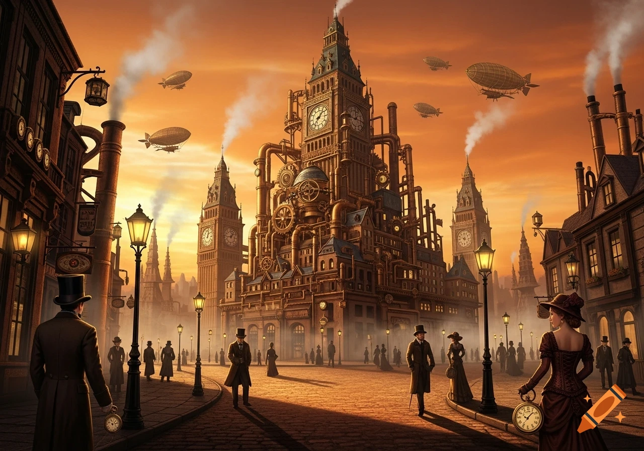 A vibrant steampunk city at sunset, featuring towering clock towers ...