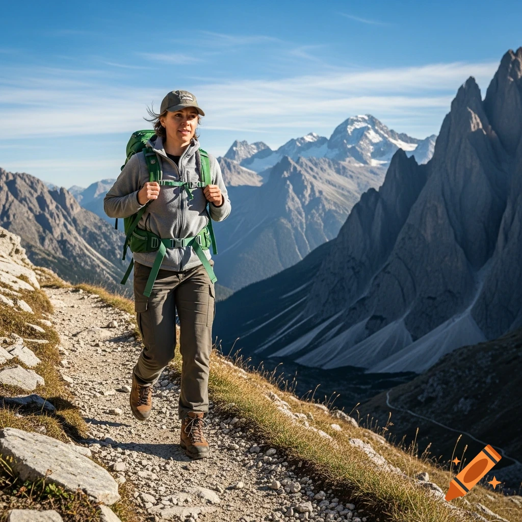 A woman in hiking gear walks a rocky mountain trail under a clear sky, with jagged peaks in the background.
