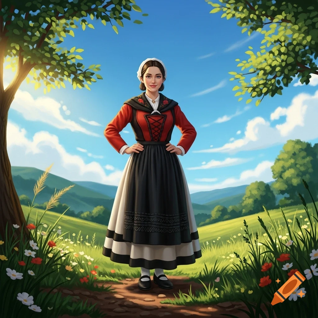 Grranny In Basque A young woman in traditional Basque attire stands on a dirt path in a ...