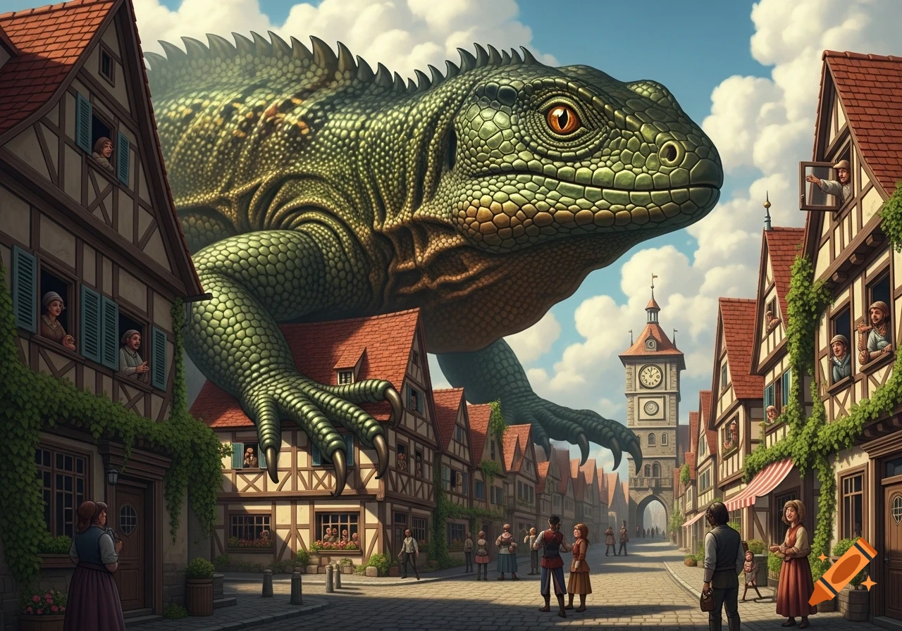 A giant green lizard looms over a bustling street in a European-style town, with people looking from windows and below.