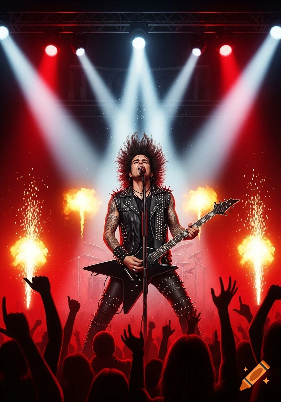 A rock-metal star with spiky hair, a studded leather vest, and tattoos sings and plays an electric guitar on stage, illuminated by red and white spotlights with pyrotechnics and a cheering crowd.