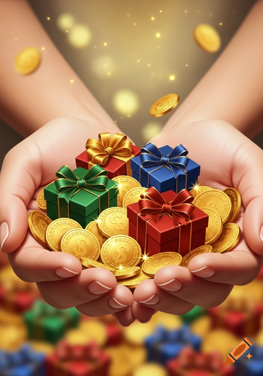 Cupped hands overflowing with gold coins and colorful gift boxes in an illustrative style.
