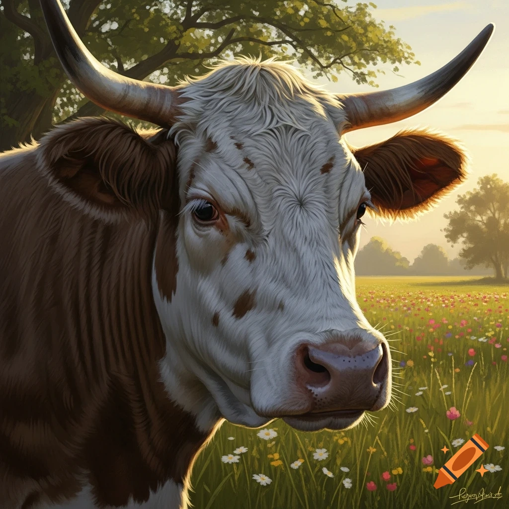 A close-up digital painting of a brown and white cow's head with horns, in a sunlit meadow with wildflowers and trees.