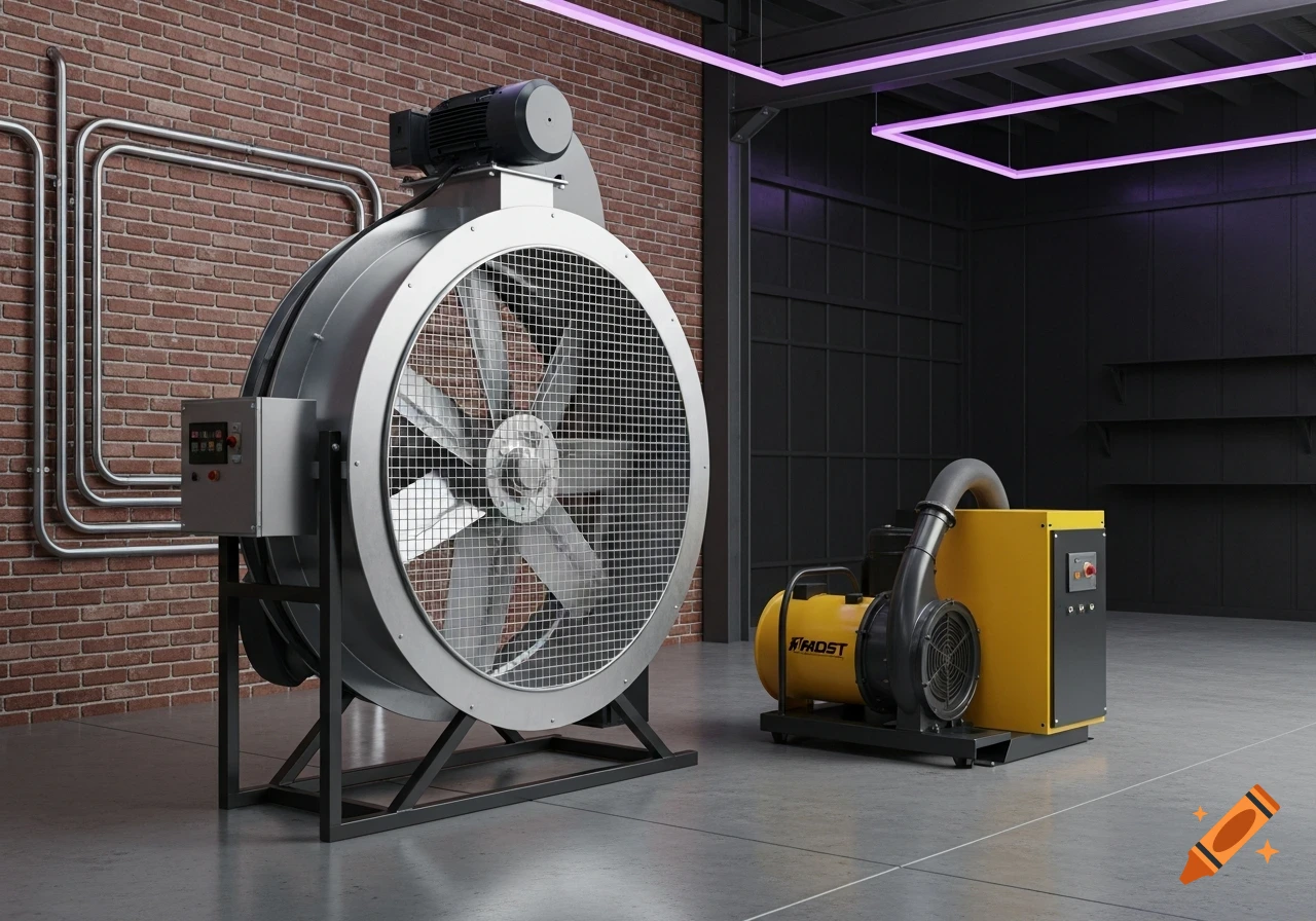 A large silver upblast exhaust fan and a yellow utility blower with a hose in an industrial space with a brick wall.