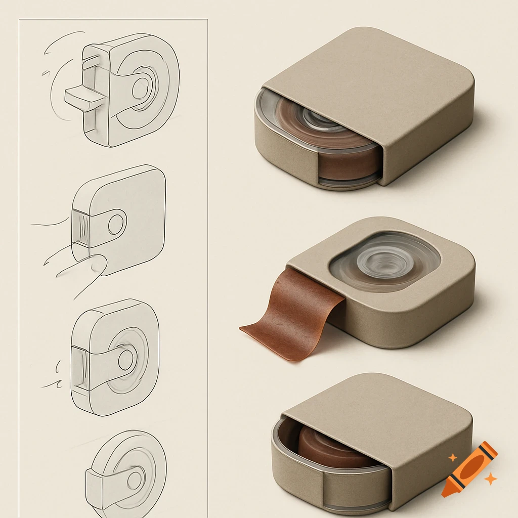 An industrial design sheet showing a portable fruit leather dispenser with concept sketches and realistic 3D renders.