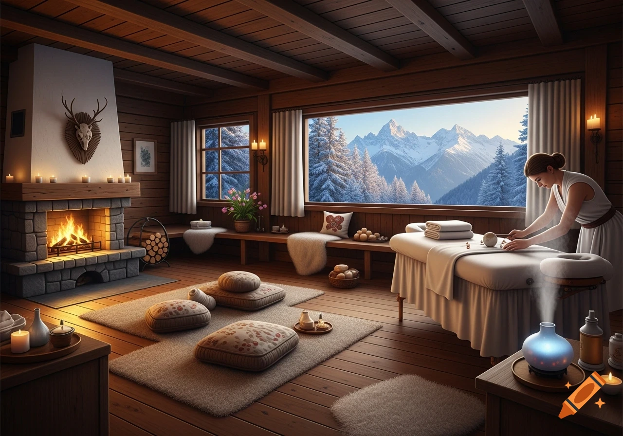 A woman prepares a massage table in a cozy wooden mountain chalet with a fireplace and a large window showing snowy mountains.