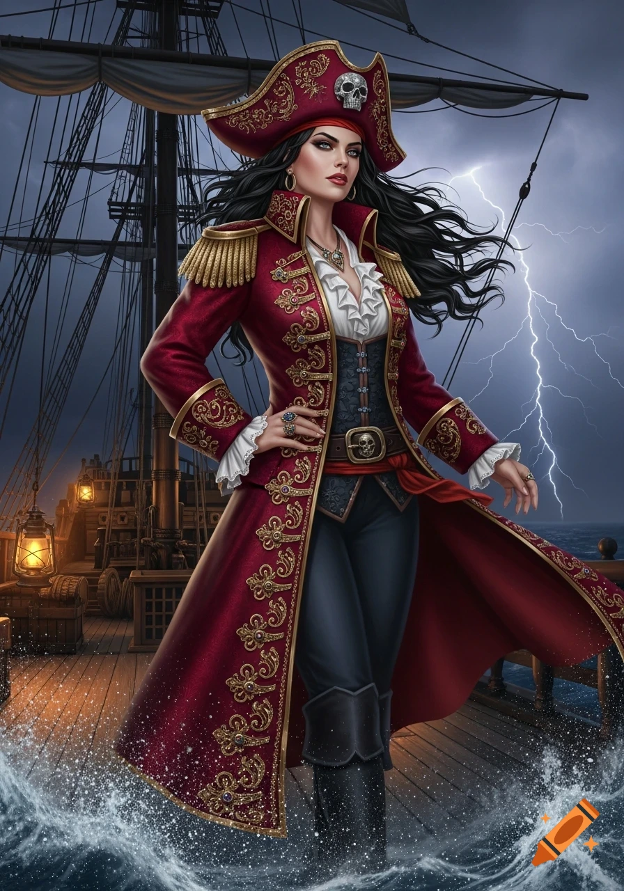 A female pirate captain in a red coat and hat with a skull emblem stands on a ship's deck during a stormy night with lightning.
