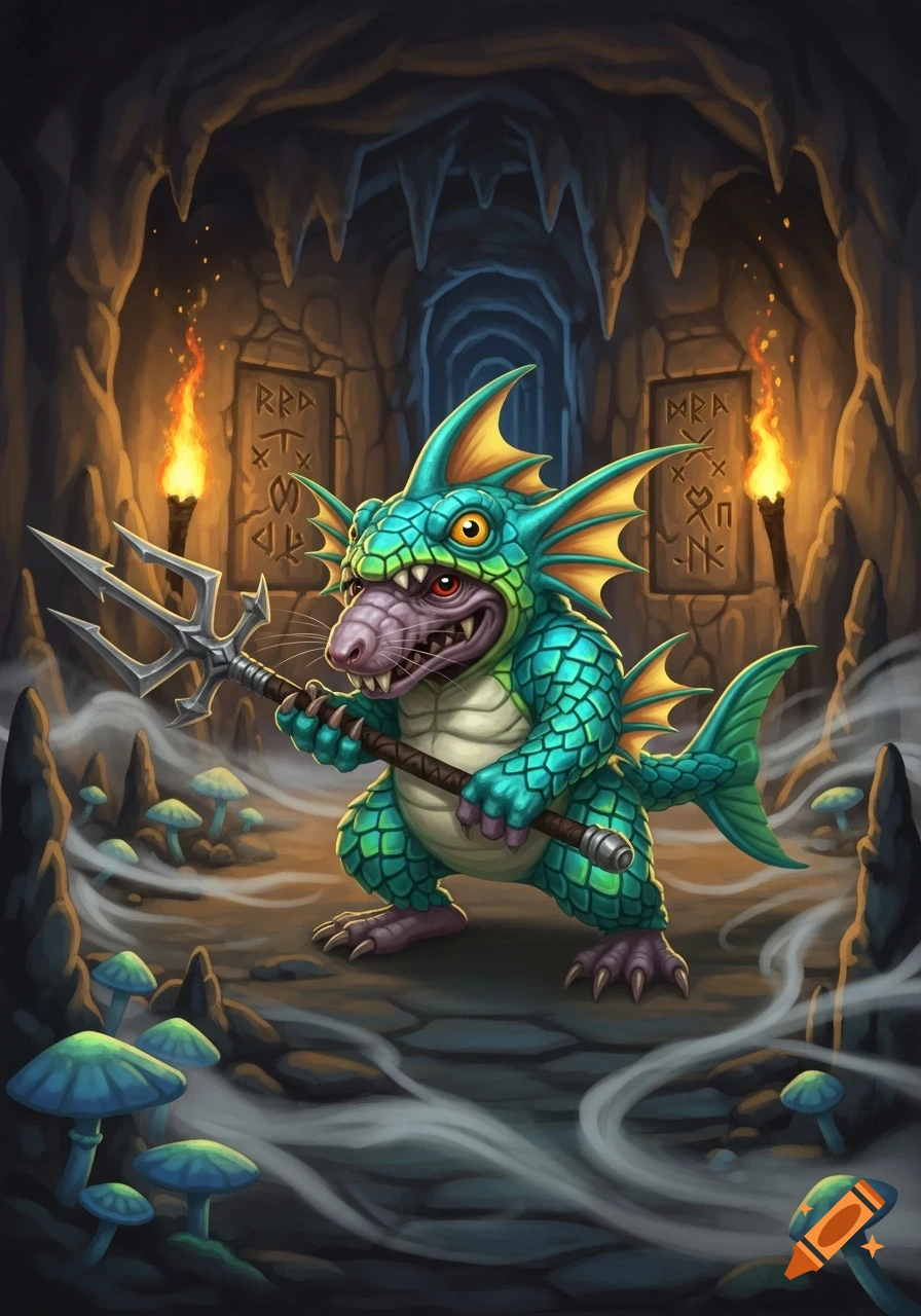 A cartoonish Skaven in a teal Murloc costume holds a trident in a mystical cave with glowing mushrooms and runes.