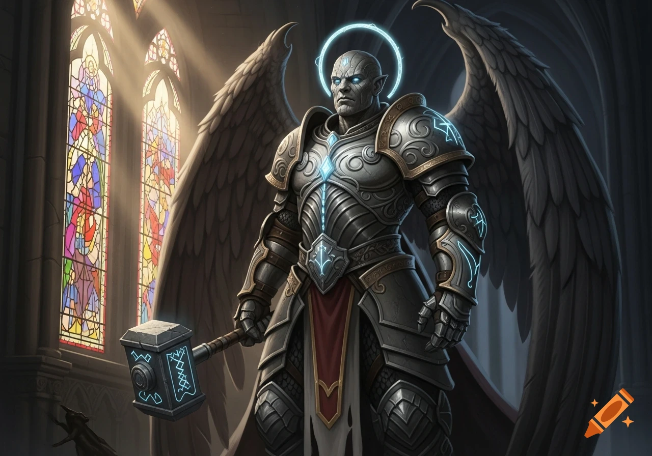A formidable winged guardian in intricate armor holds a glowing warhammer in a cathedral with stained glass windows.