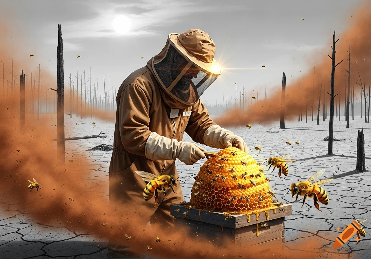 A beekeeper tends a beehive in a desolate, cracked landscape with dead trees and orange dust under a pale sun, with bees flying around.