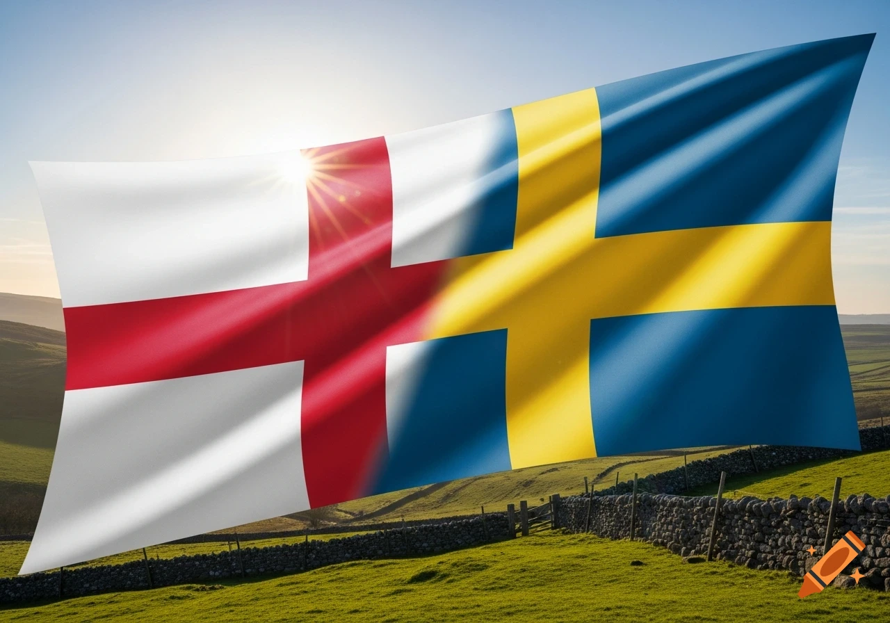 The flags of England and Sweden waved together against a bright, sunny sky above a green, hilly landscape with a stone wall.