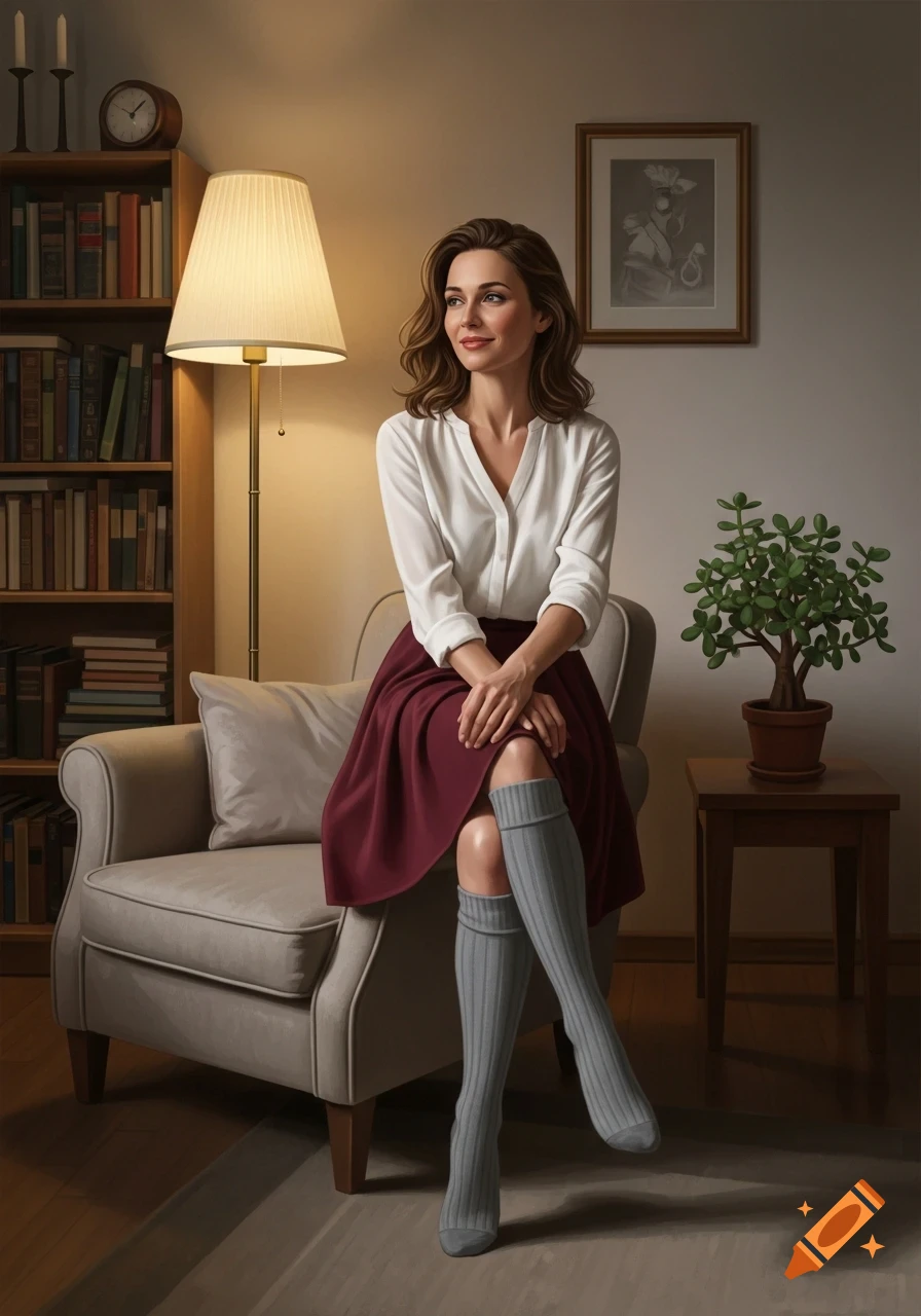 A woman in a white shirt, maroon skirt, and grey knee socks sits in an armchair in a warmly lit room with a bookshelf.