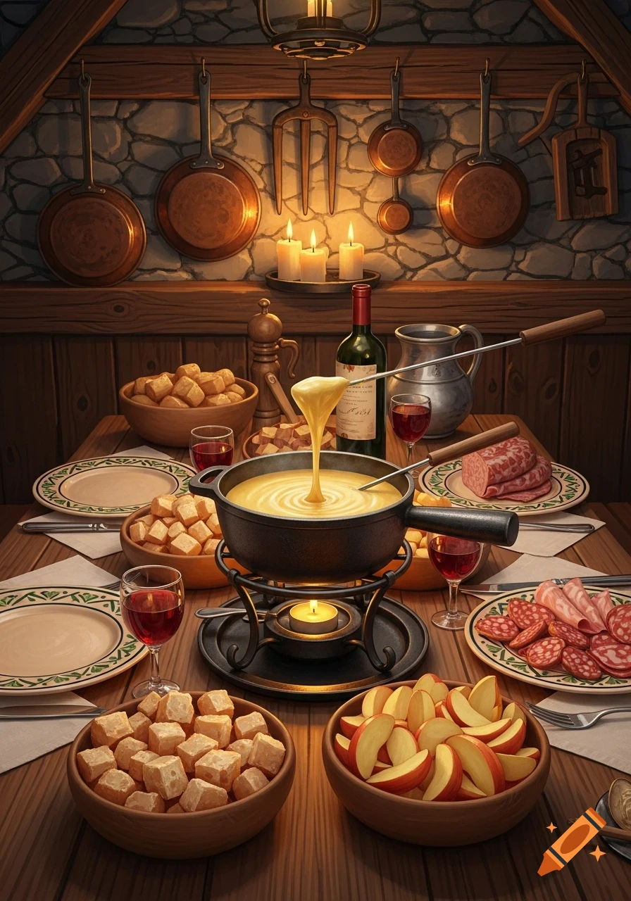A rustic dinner table set with a pot of cheese fondue, bread cubes, sliced apples, and cured meats, lit by candles.