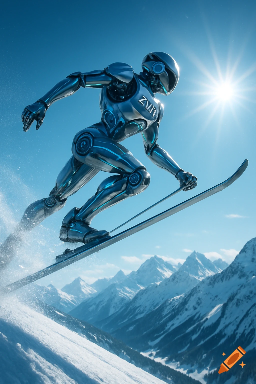 A futuristic metallic robot skis down a snowy mountain slope under a bright blue sky, spraying snow.