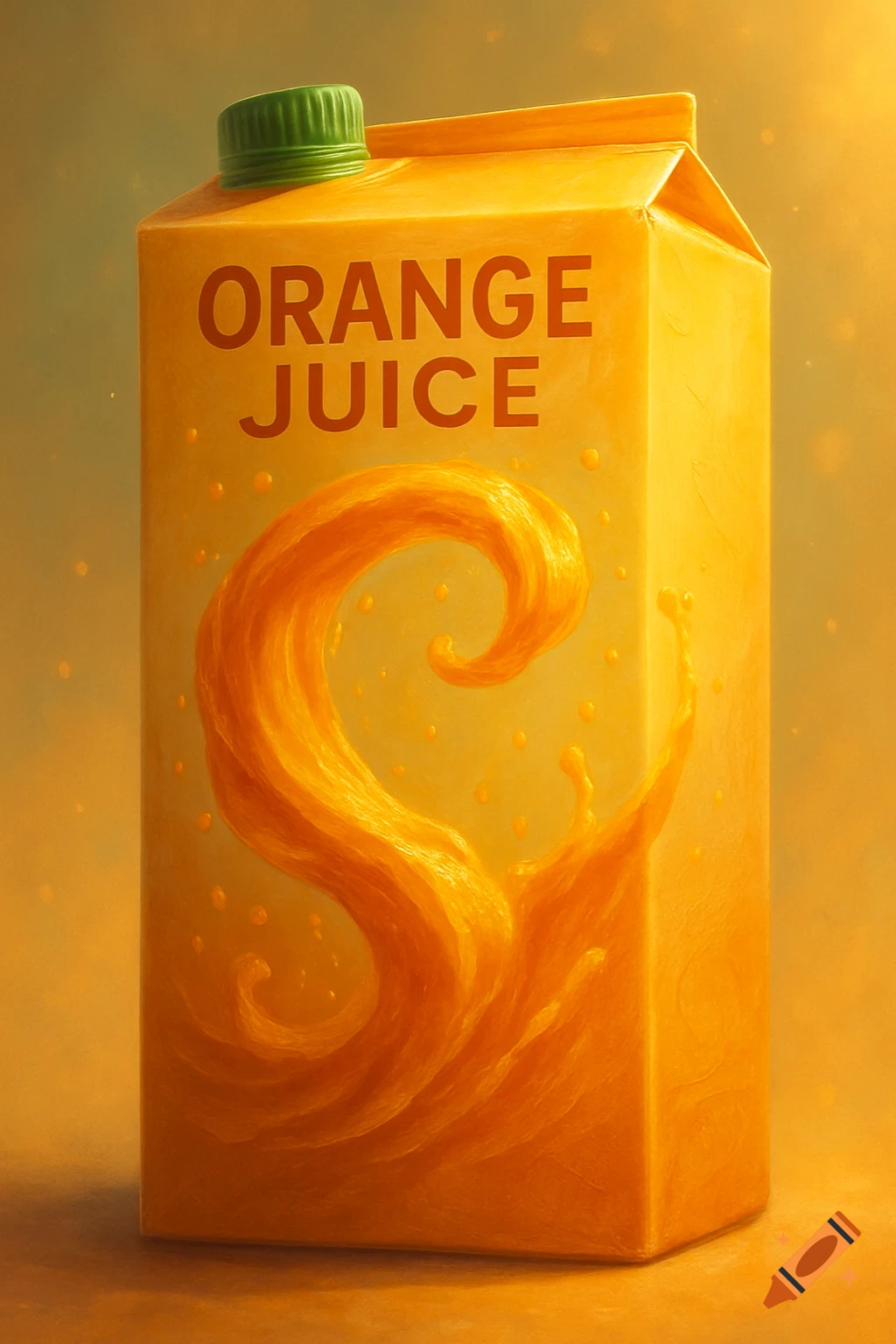 A carton of orange juice with a green cap, featuring a vibrant swirl of orange juice and splashes on its side.