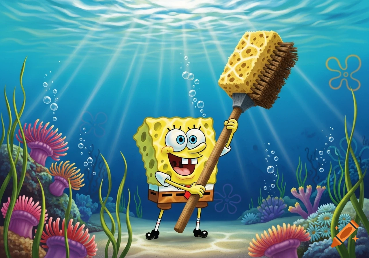 Spongebob Squarepants, a yellow sponge with a wide smile, holds a large sponge brush under the ocean surrounded by colorful coral and marine plants.