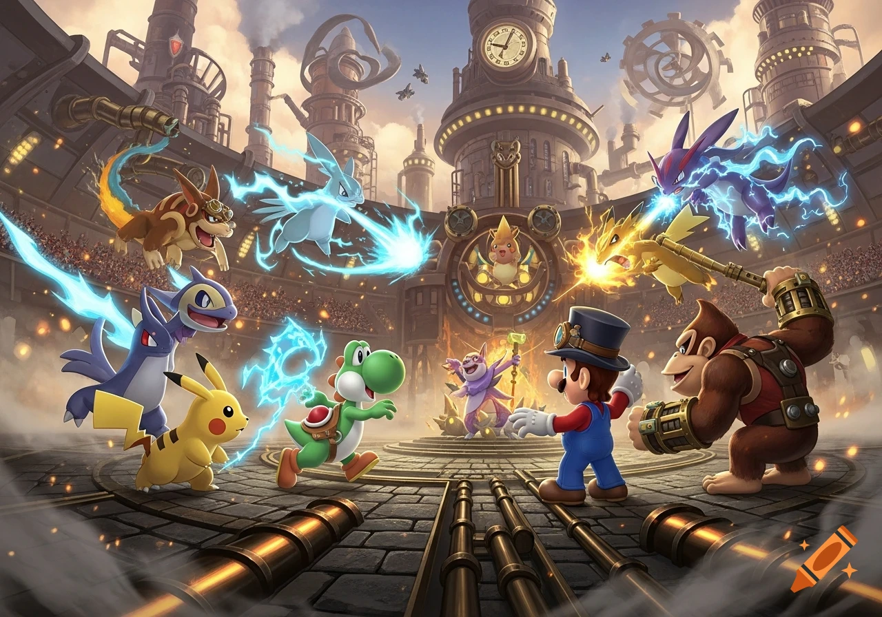Mario, Donkey Kong, Yoshi, and various Pokemon battle in a steampunk arena with large industrial buildings.
