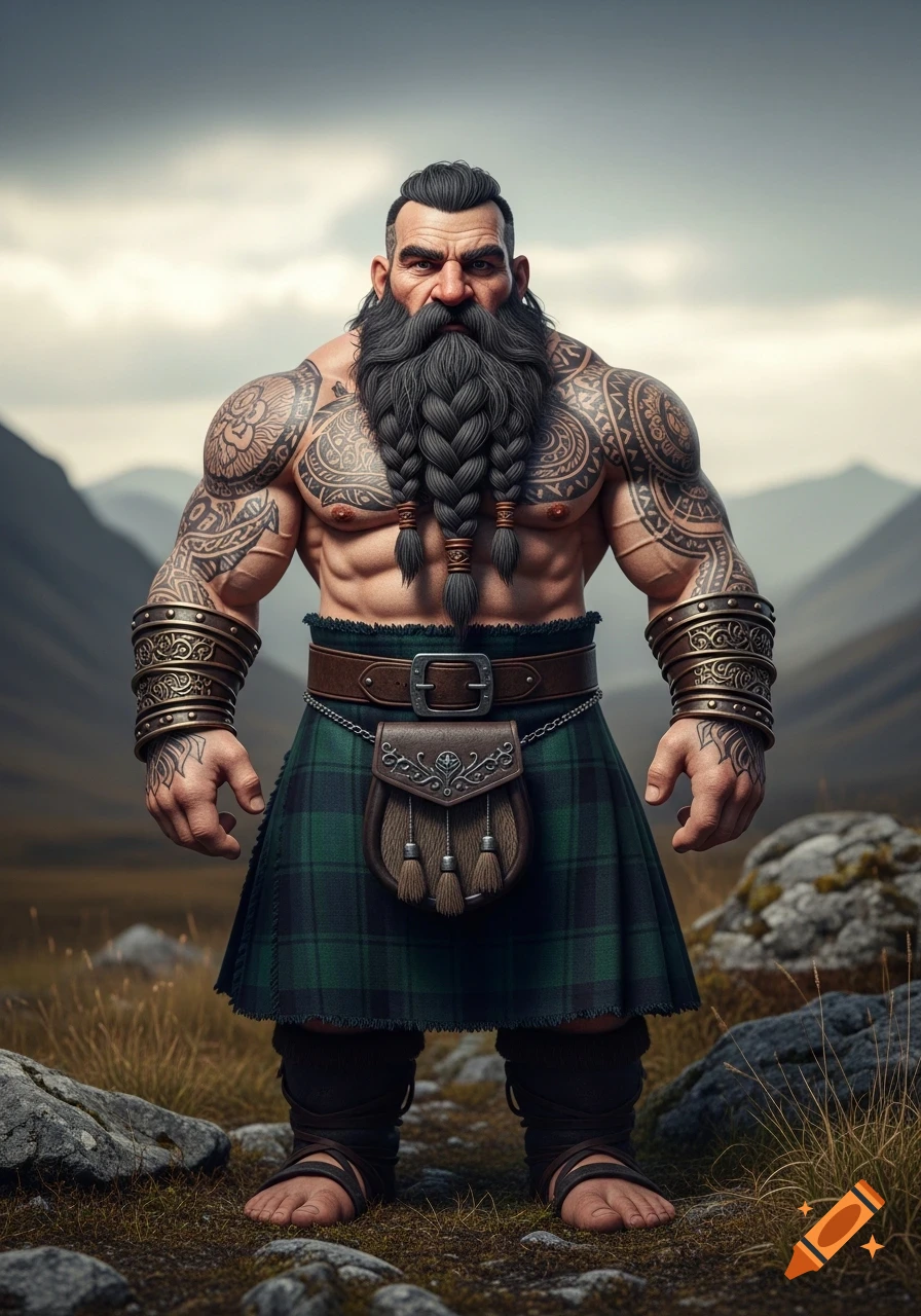 Muscular, tattooed dwarf with a braided beard, wearing a kilt and sporran, stands in a rugged, grassy landscape under a cloudy sky.