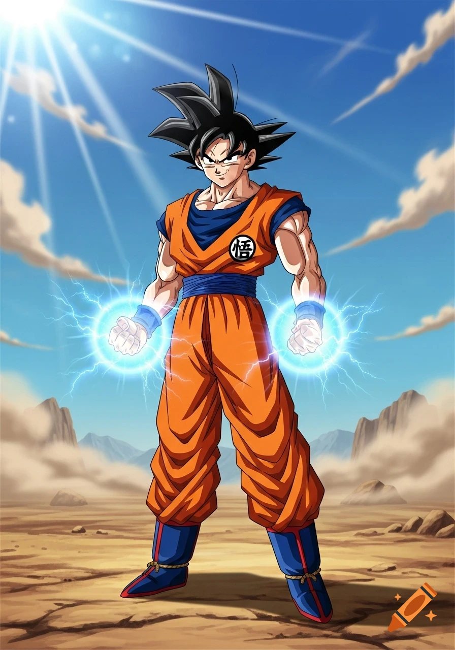 Goku in his orange gi generates blue energy from his hands in a desert under a sunny blue sky, in anime style.