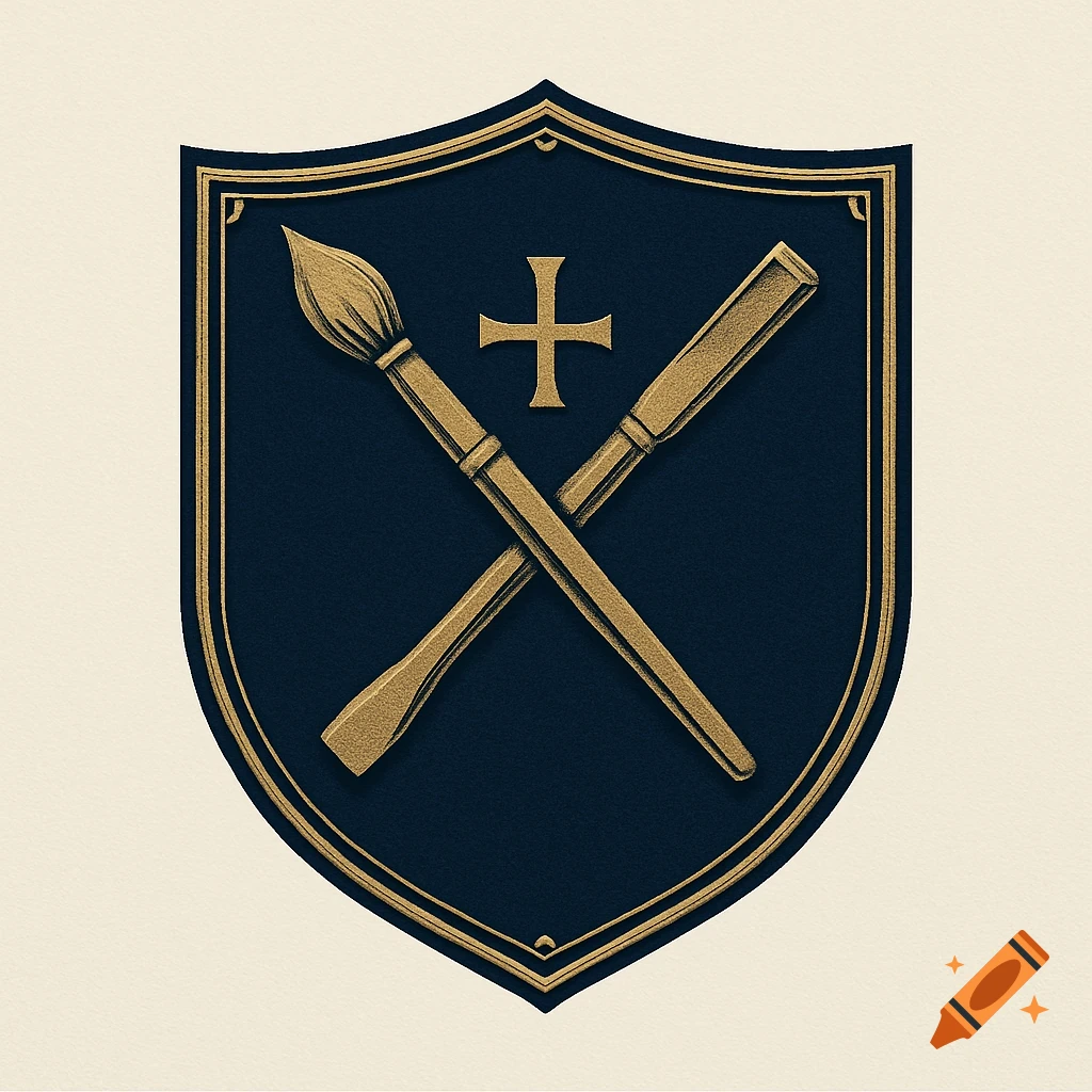 A gold and dark blue shield logo featuring a crossed paintbrush and stone chisel with a gold cross above them.