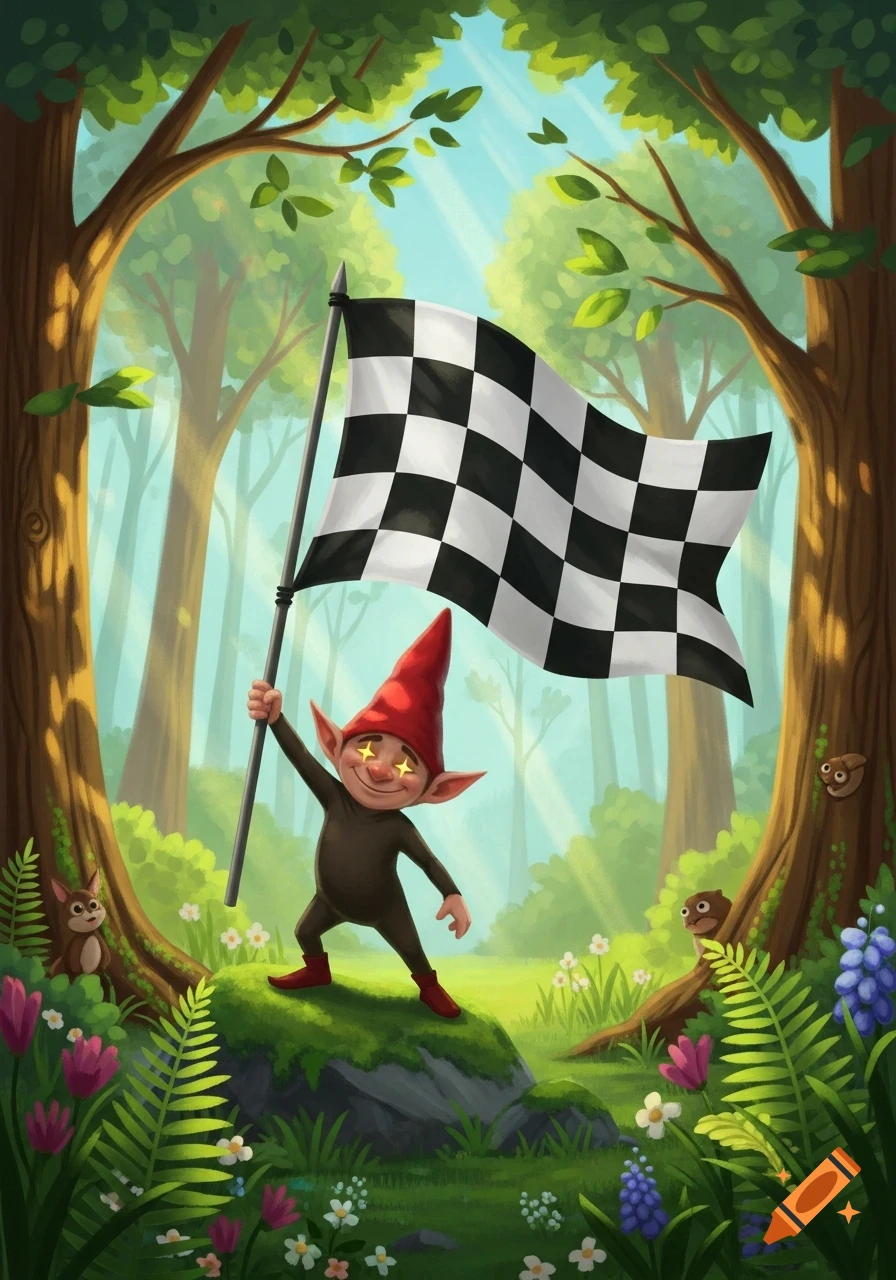 A whimsical illustration of a happy gnome with star eyes holding a black and white checkered flag in a sunny forest.