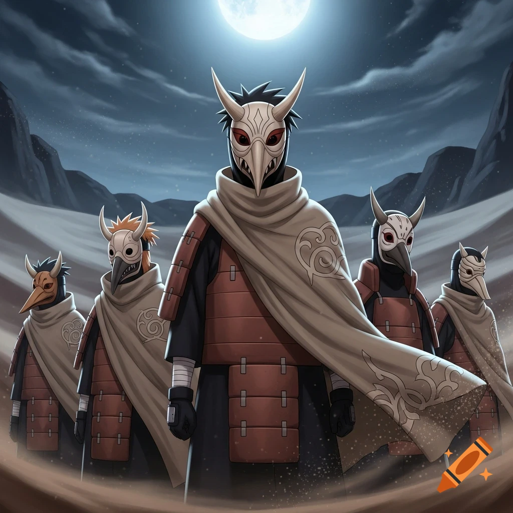 Five anime-style masked figures in cloaks and armor stand in a desert under a full moon.
