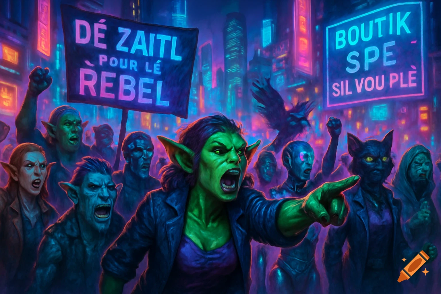 Angry goblins and diverse fantasy creatures protest in a neon-lit cyberpunk city, led by a shouting green goblin.