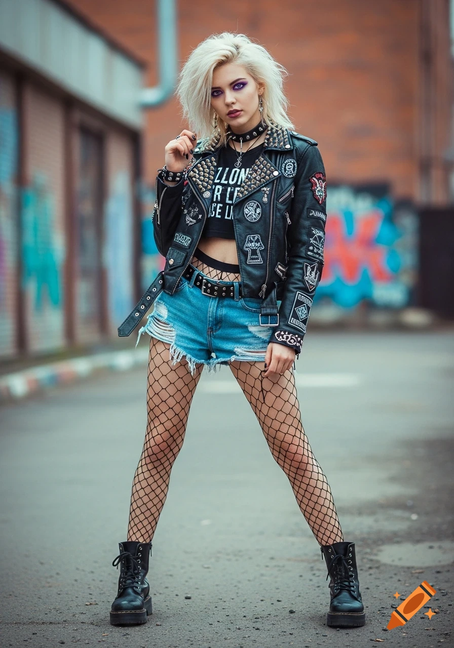 A photorealistic image of a woman with blonde spiky hair and purple eye makeup, wearing a studded leather jacket, crop top, ripped denim shorts, fishnets, and combat boots, standing on an urban street.