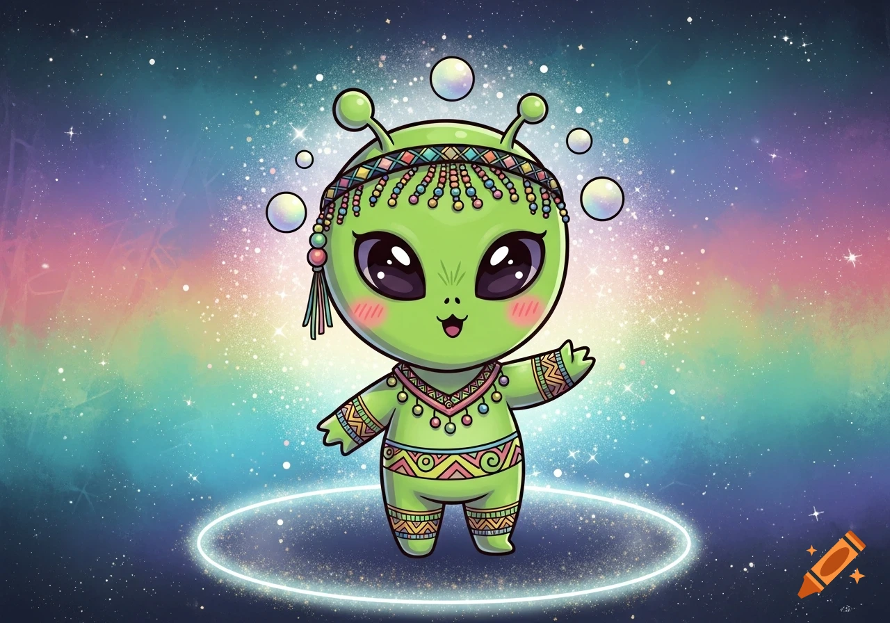 A cute green alien in a tribal outfit juggles glowing orbs in a vibrant ...