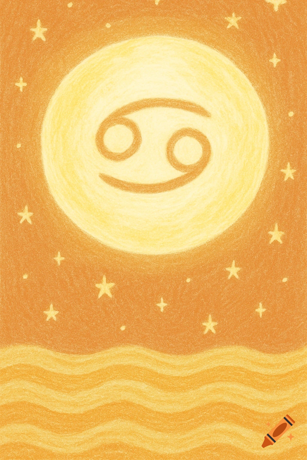 Crayon illustration of a glowing yellow moon with the Cancer zodiac symbol, surrounded by stars and orange waves.