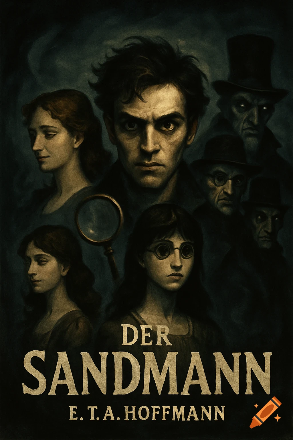 Dark, dramatic poster featuring a central man with an intense gaze, surrounded by other figures and a magnifying glass. Titled 'Der Sandmann' by E.T.A. Hoffmann.