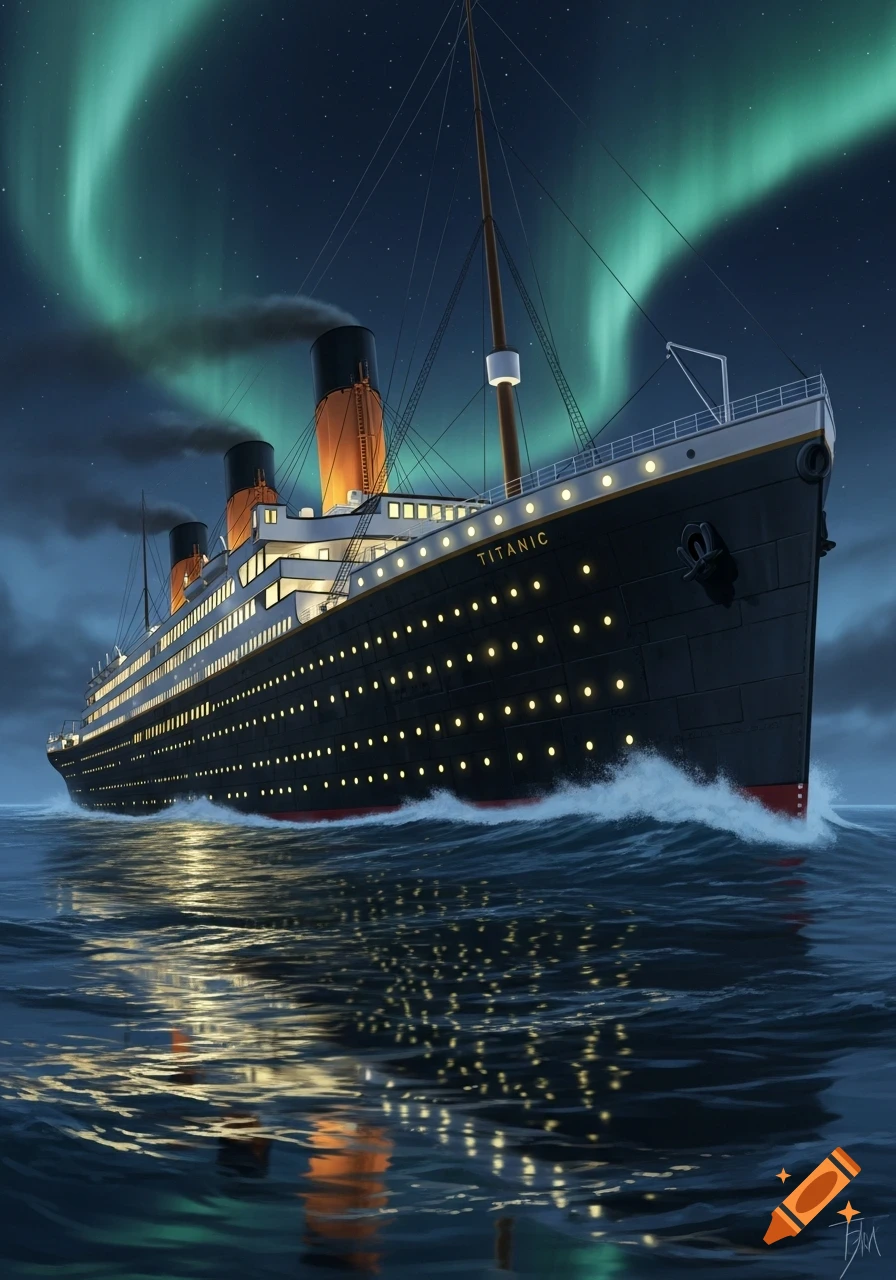 An illustrated view of the Titanic ship sailing on the ocean under a starry night sky with green aurora borealis.