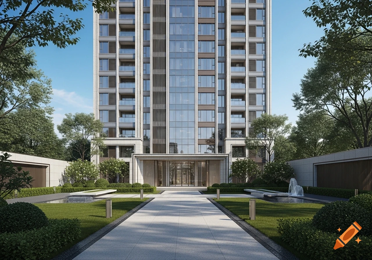 A modern high-rise apartment building with a sleek, glassy facade and a meticulously landscaped front yard featuring pathways, shrubs, and a small fountain.
