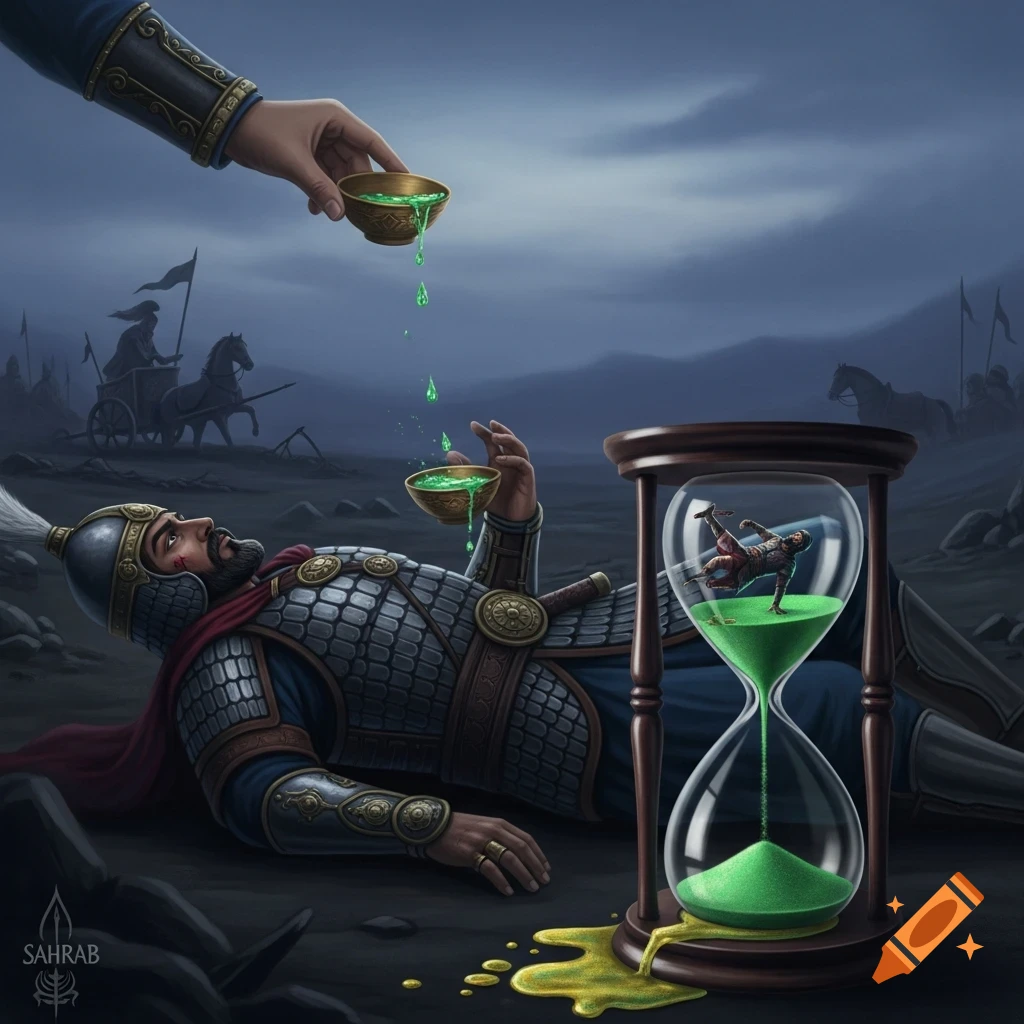 A fallen warrior in armor lies on a dark battlefield, a hand pouring green liquid, and an hourglass with a falling figure and green sand.