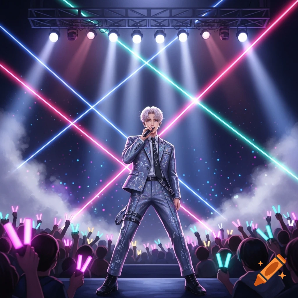 A white-haired male K-Pop singer in a patterned suit performs on stage, illuminated by vibrant pink, blue, and green laser beams. An audience holds up glow sticks.