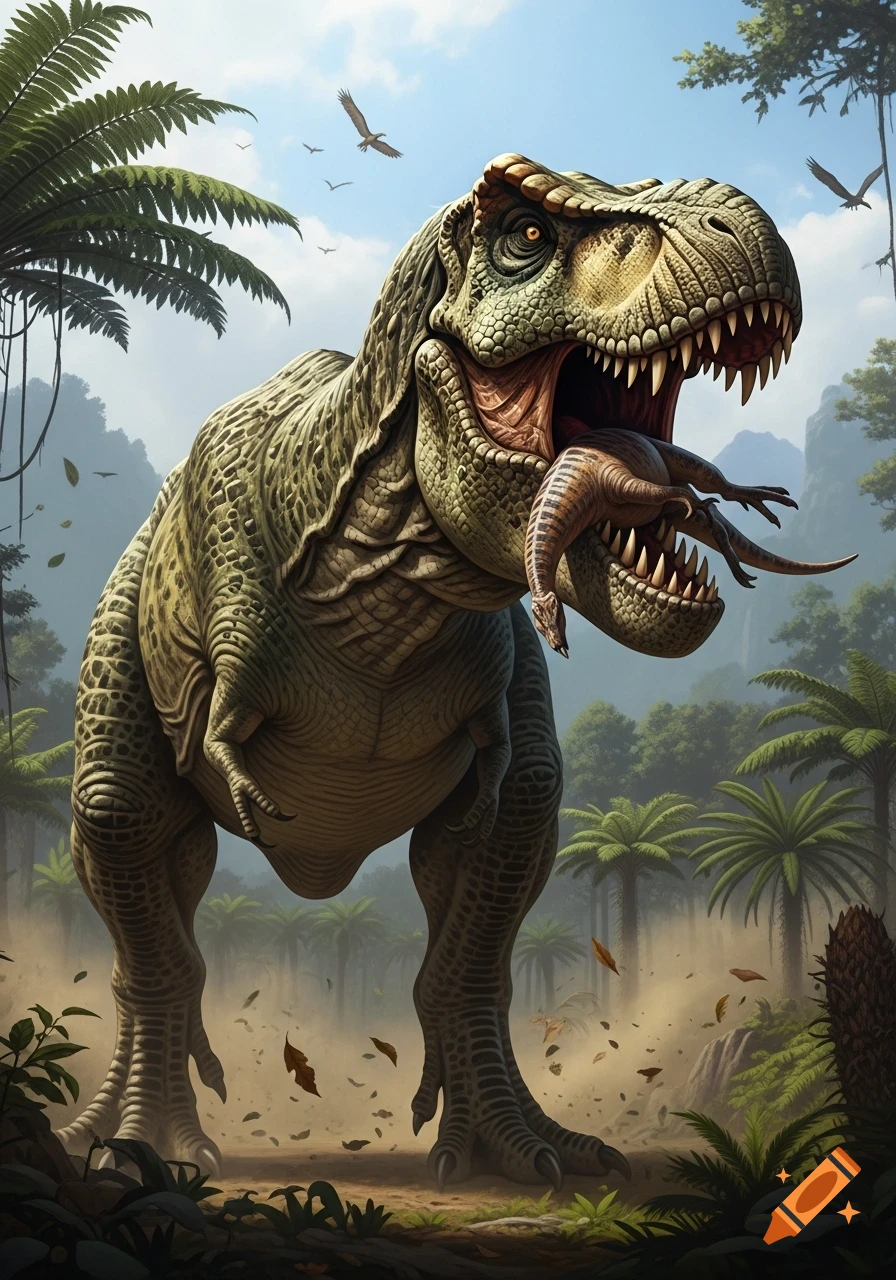 A highly detailed, photorealistic T-rex with a smaller dinosaur in its mouth, standing in a lush prehistoric jungle under a bright sky.