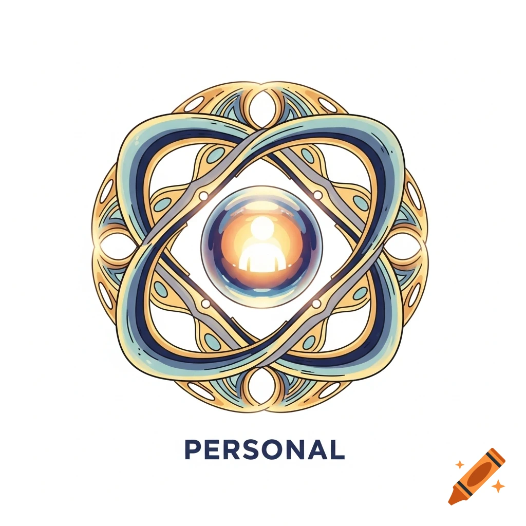 An abstract, stylized symbol in gold and blue, featuring an intertwined design around a glowing orb with a person icon inside, with the word PERSONAL below it.