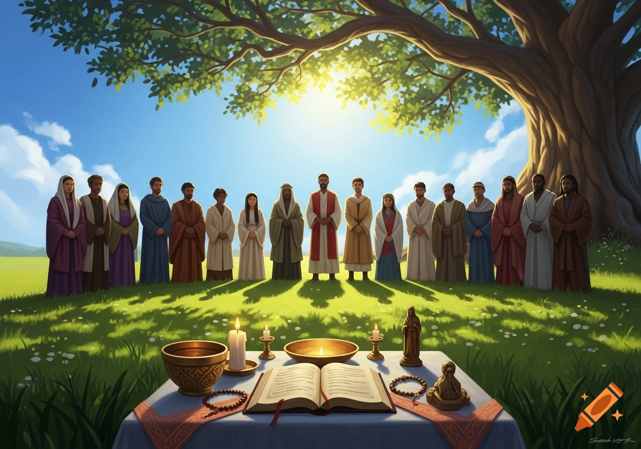 Illustrative scene of robed figures gathered under a large tree, with a table of religious items in the foreground, under a sunny sky.