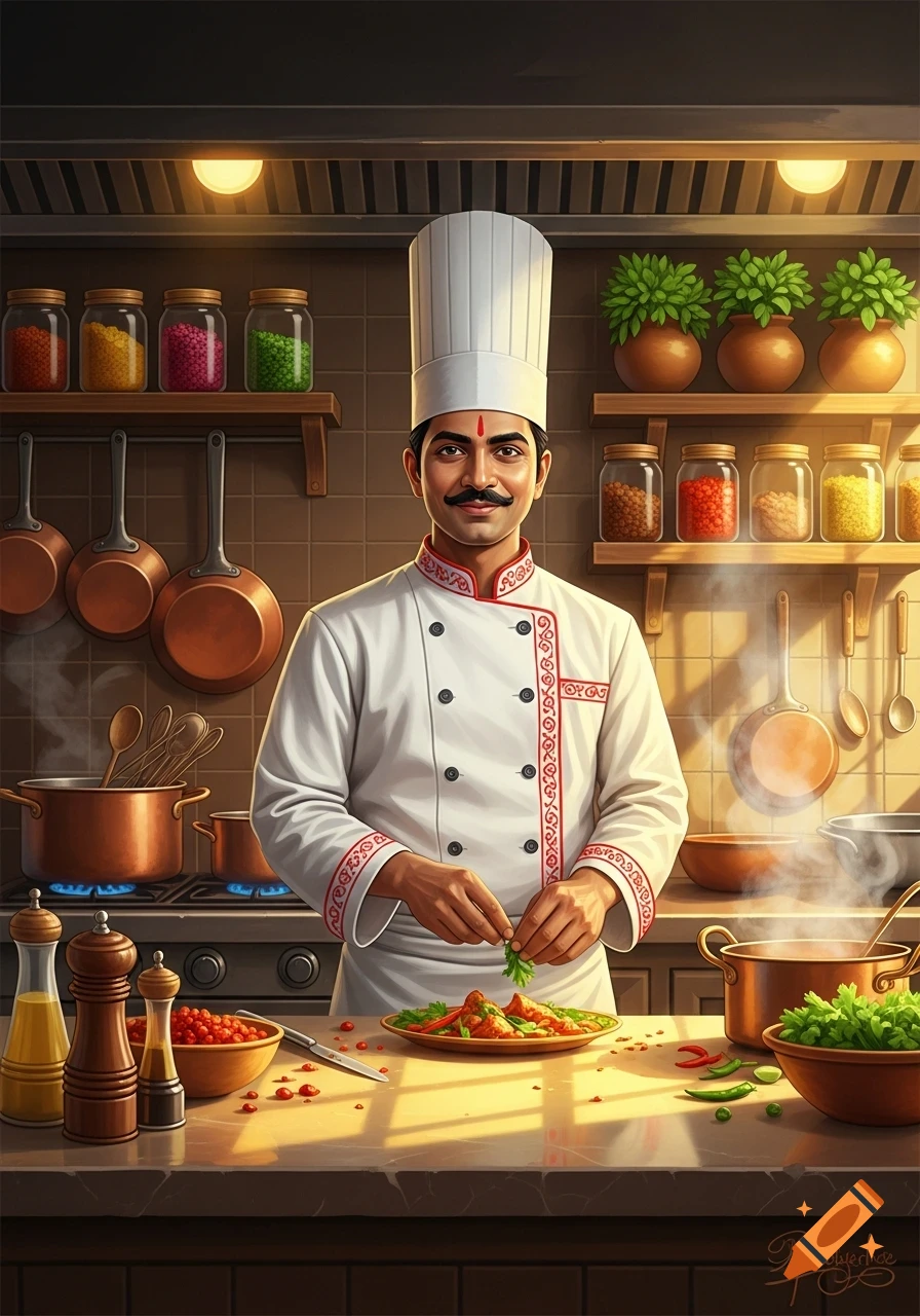 Vibrant illustration of an Indian chef garnishing food in a detailed kitchen with spices and pots.