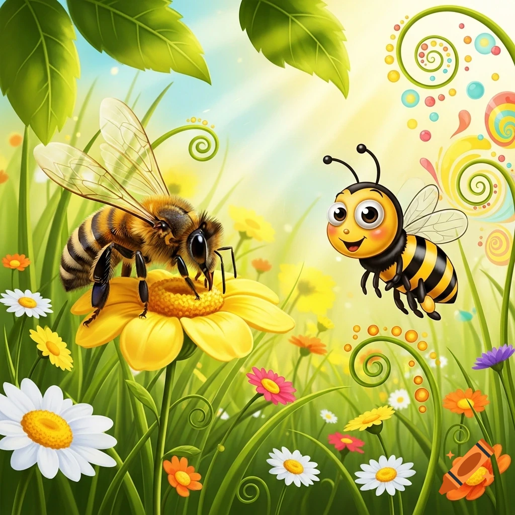 A realistic bee on a yellow flower and a happy cartoon bee fly in a vibrant, sunny meadow with colorful flowers.