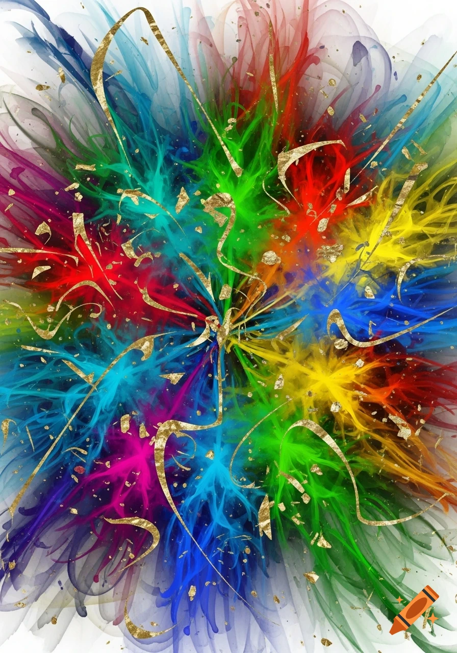 Vibrant abstract art with colorful smoky bursts and flowing golden calligraphic shapes.