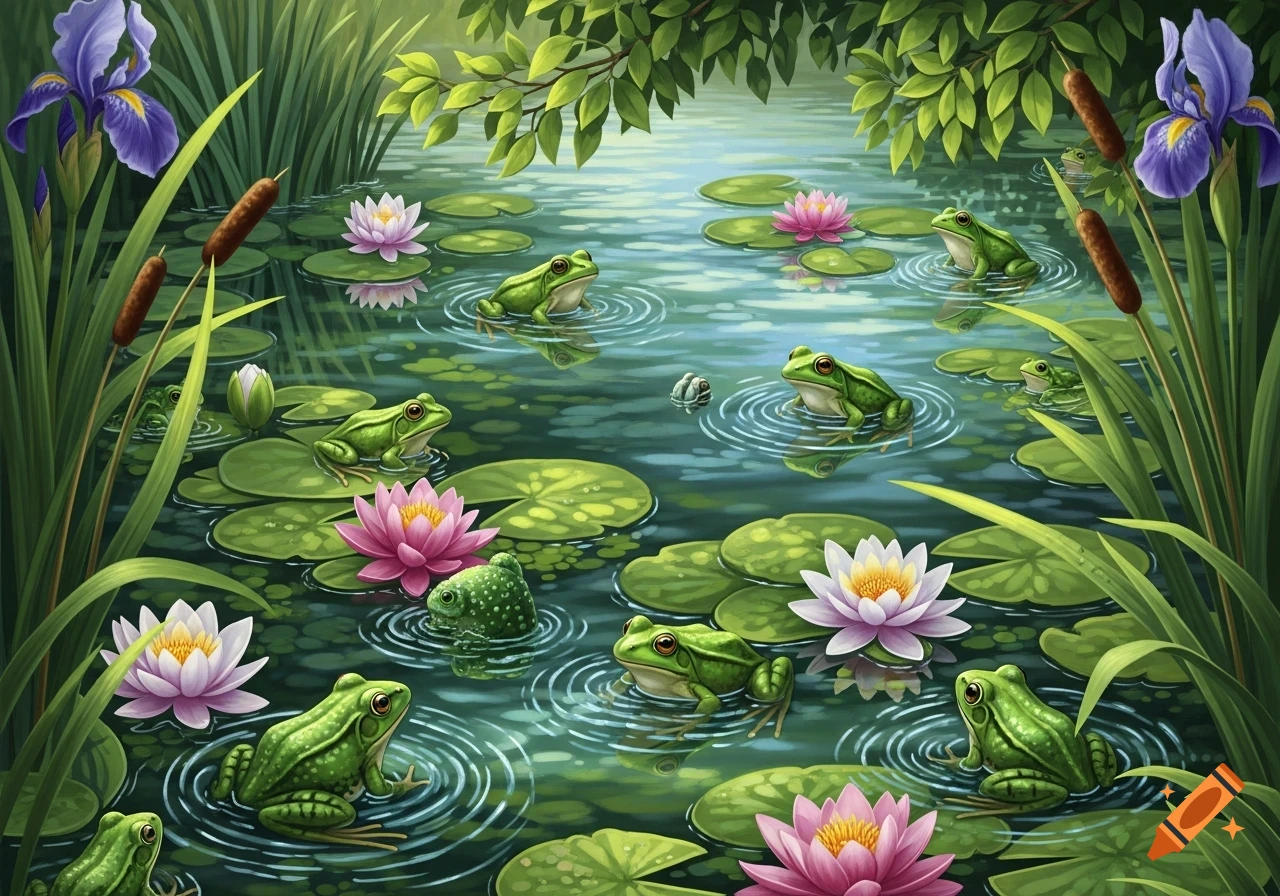 Vibrant green frogs on lily pads in a lush garden pond with pink and white water lilies and tall reeds.