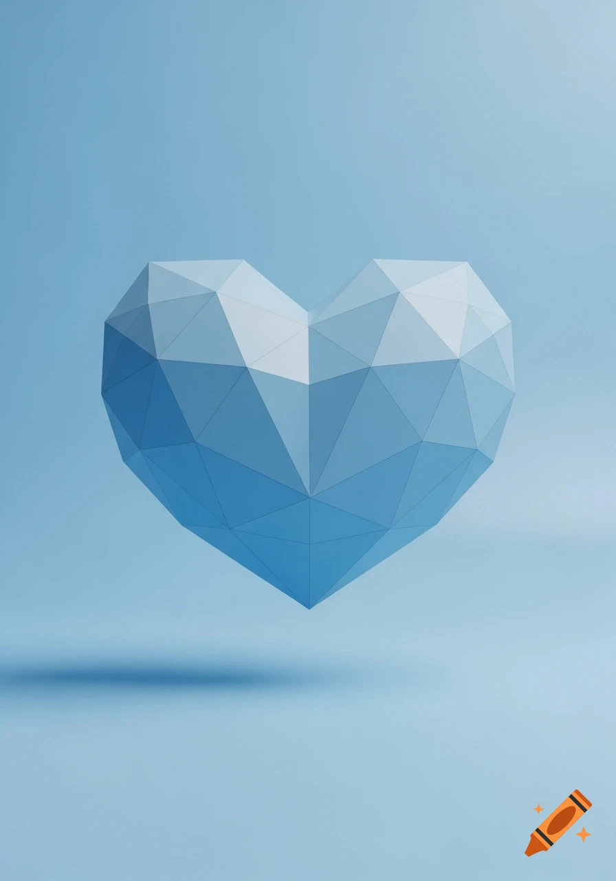 A minimalist 3D geometric heart, blue and white, floats against a soft blue gradient background.