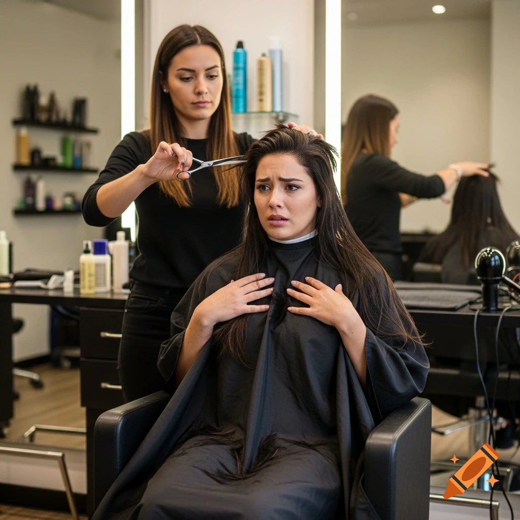 A photorealistic image of an anxious woman in a black cape getting her hair cut by a stylist in a modern hair salon.