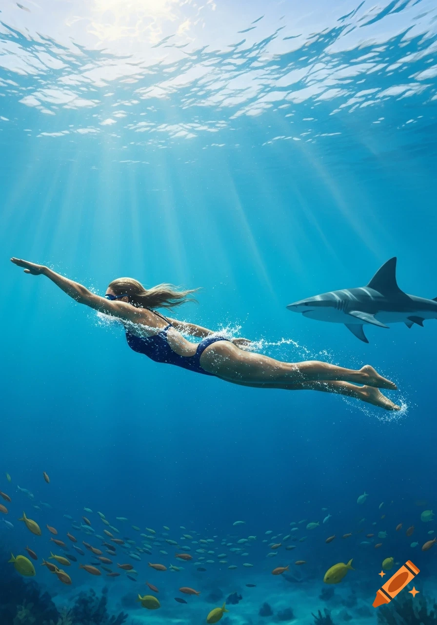 A woman in a swimsuit swims underwater in clear blue water, a shark swims behind her, and a school of fish is below.
