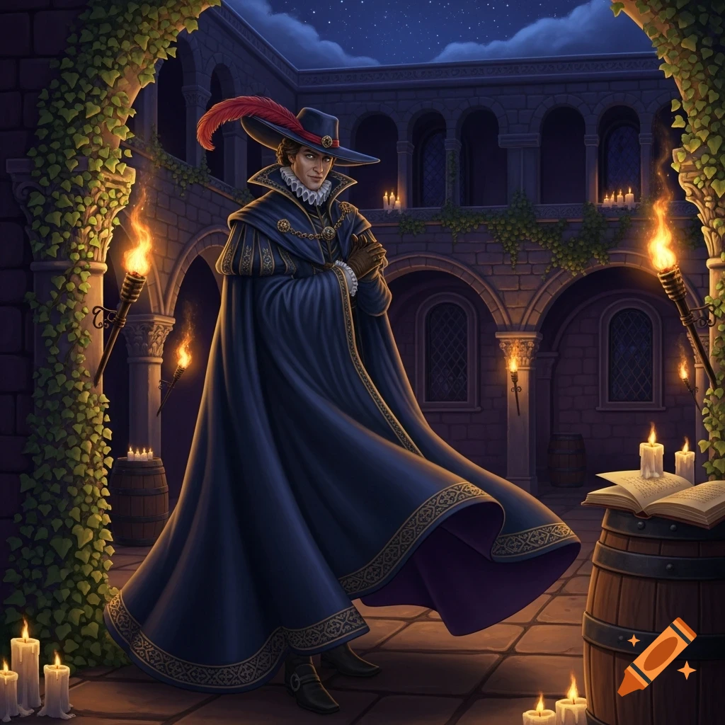 A man in a wide-brimmed hat with a red feather and a long dark blue cloak stands in a torch-lit castle courtyard at night.